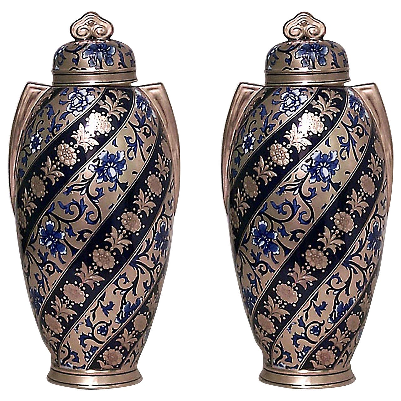 Pair of English Victorian Blue and Gold Porcelain Vases For Sale