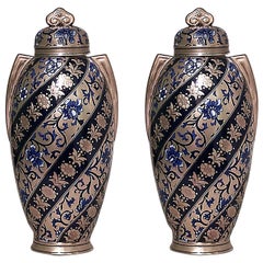 Pair of English Victorian Blue and Gold Porcelain Vases