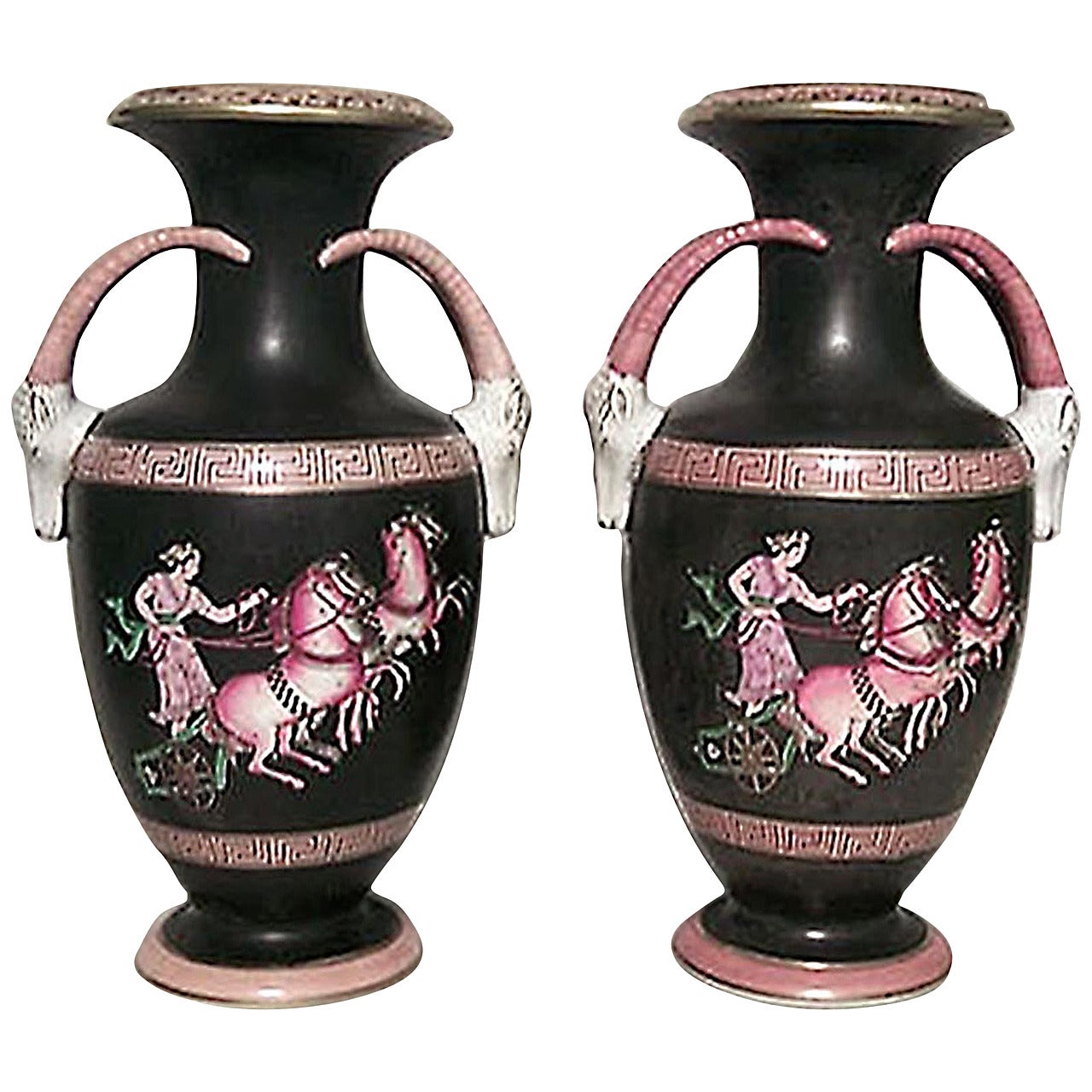 Pair of 19th Century Porcelain Greek Revival Painted Vases 