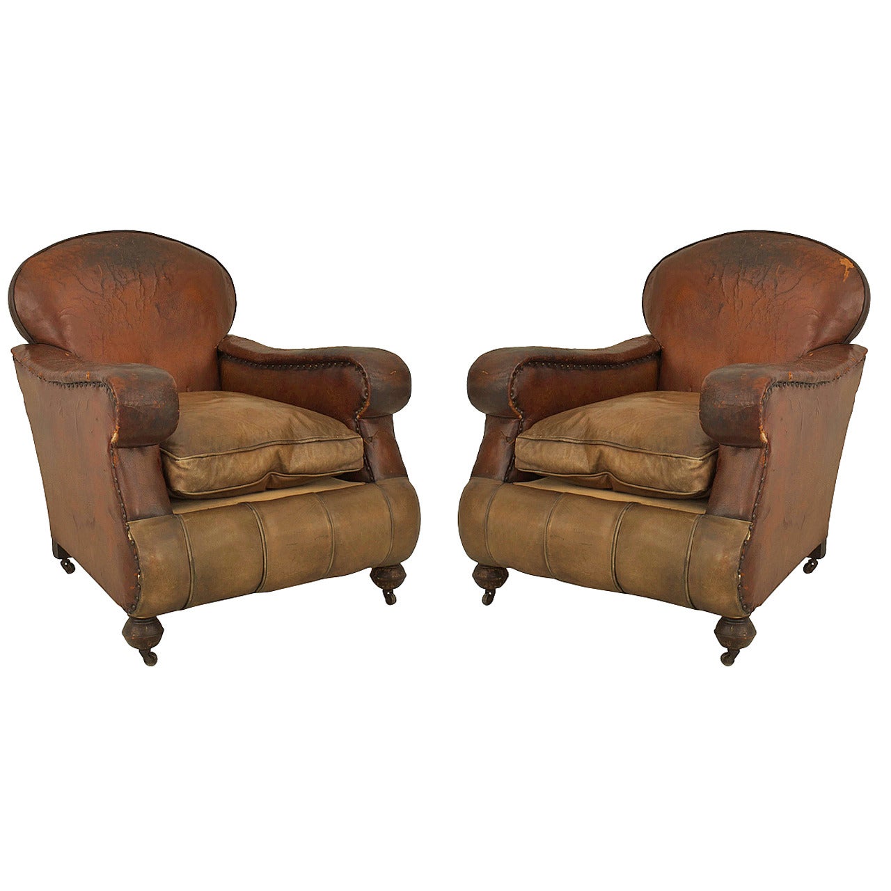 Pair of 19th Century English Oversized Brown Leather Club Chairs