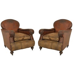 Antique Pair of 19th Century English Oversized Brown Leather Club Chairs