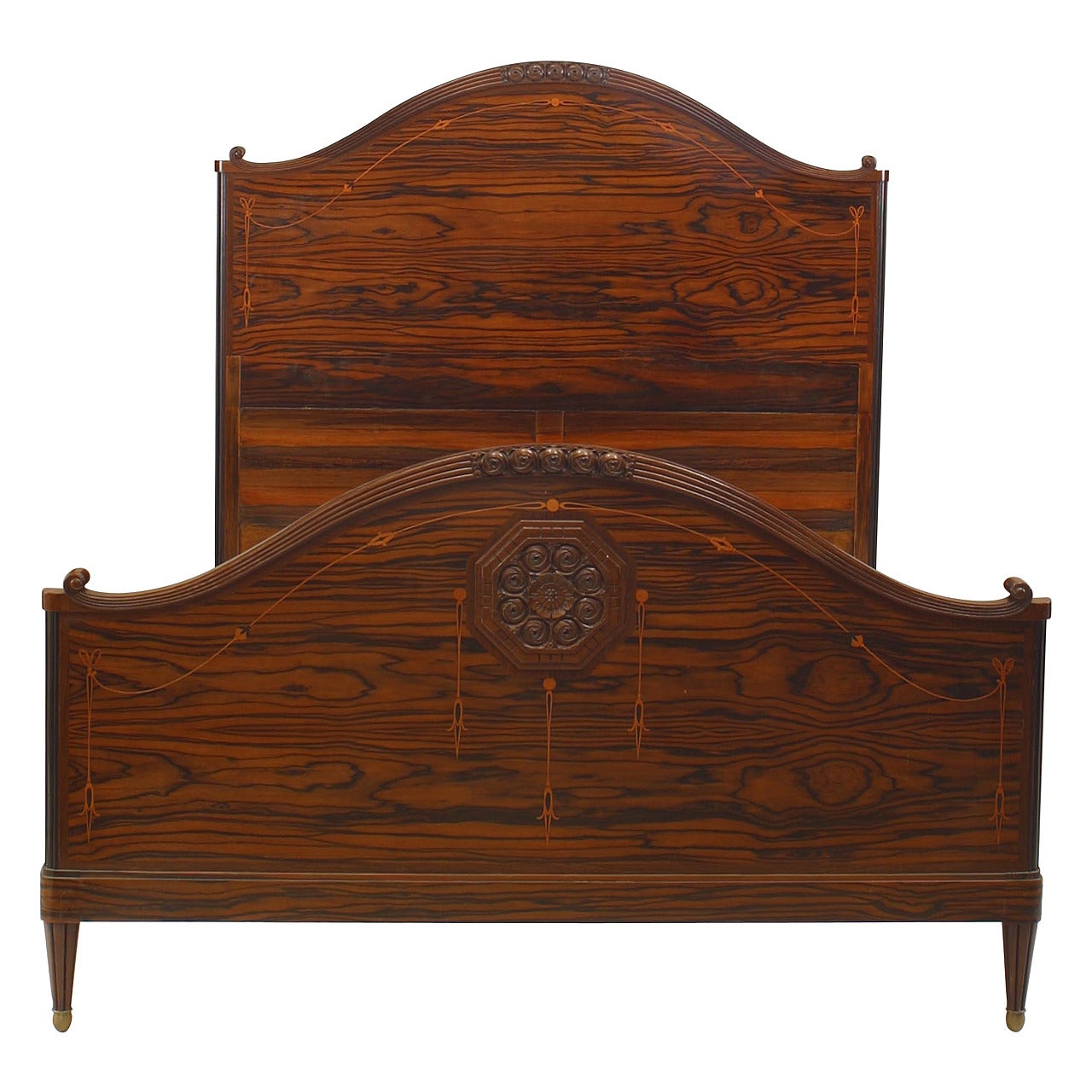 French Art Deco Marquetry Palisander and Amaranth Queen-Sized Bed