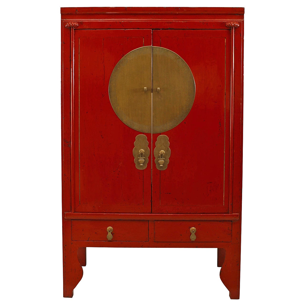 Pair of Chinese Style Brass and Red Lacquered Armoire Cabinets