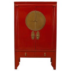 Antique Pair of Chinese Style Brass and Red Lacquered Armoire Cabinets