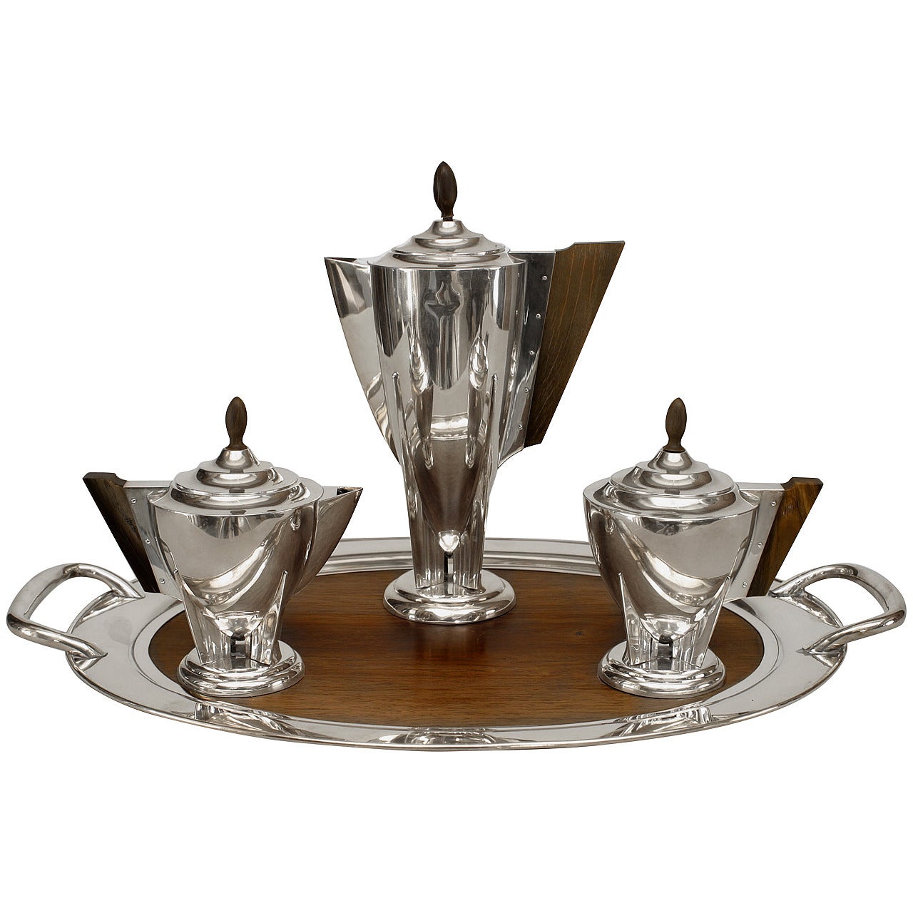 4-Piece English Art Deco Silver Tea Set and Tray For Sale