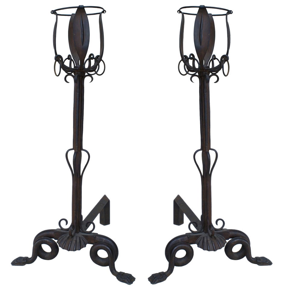 Pair of French Art Nouveau Iron Andirons For Sale