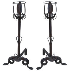 Pair of French Art Nouveau Iron Andirons