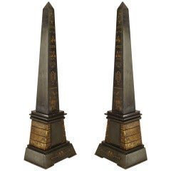 19th c. Black Marble Obelisks with Etched Hieroglyphics