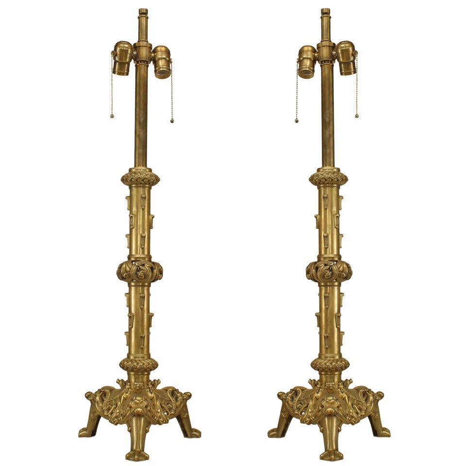 Pair of English Renaissance Style Brass Column Table Lamps For Sale