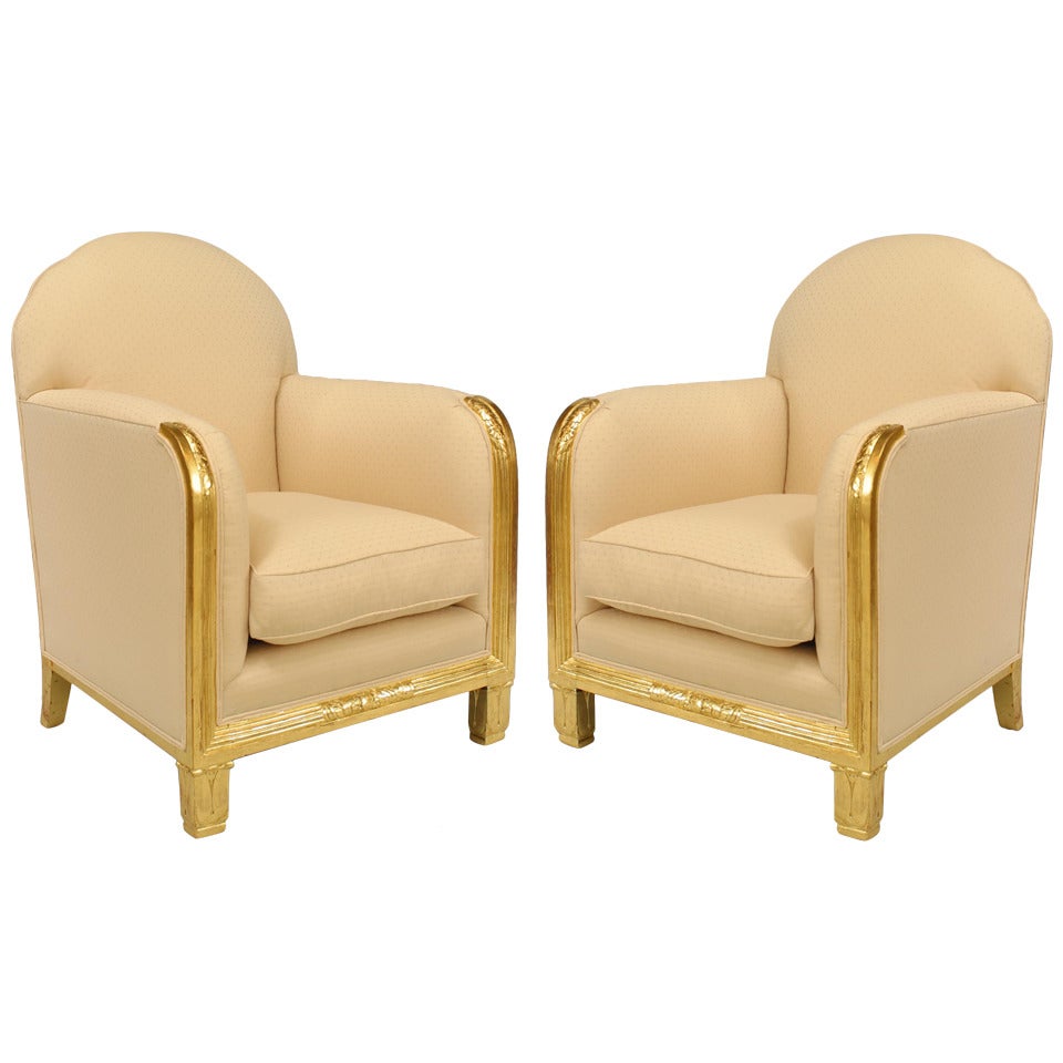 MAURICE DUFRENE Pair of French Art Deco Gilt Club Chairs For Sale
