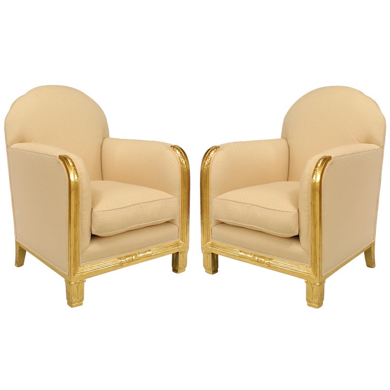 Maurice Dufrene Pair Of French Art Deco Gilt Club Chairs For Sale At