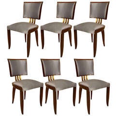 6 Art Deco Upholstered Rosewood and Brass Side Chairs