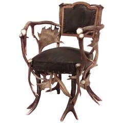19th c. German Antler Armchair With Leather Upholstery