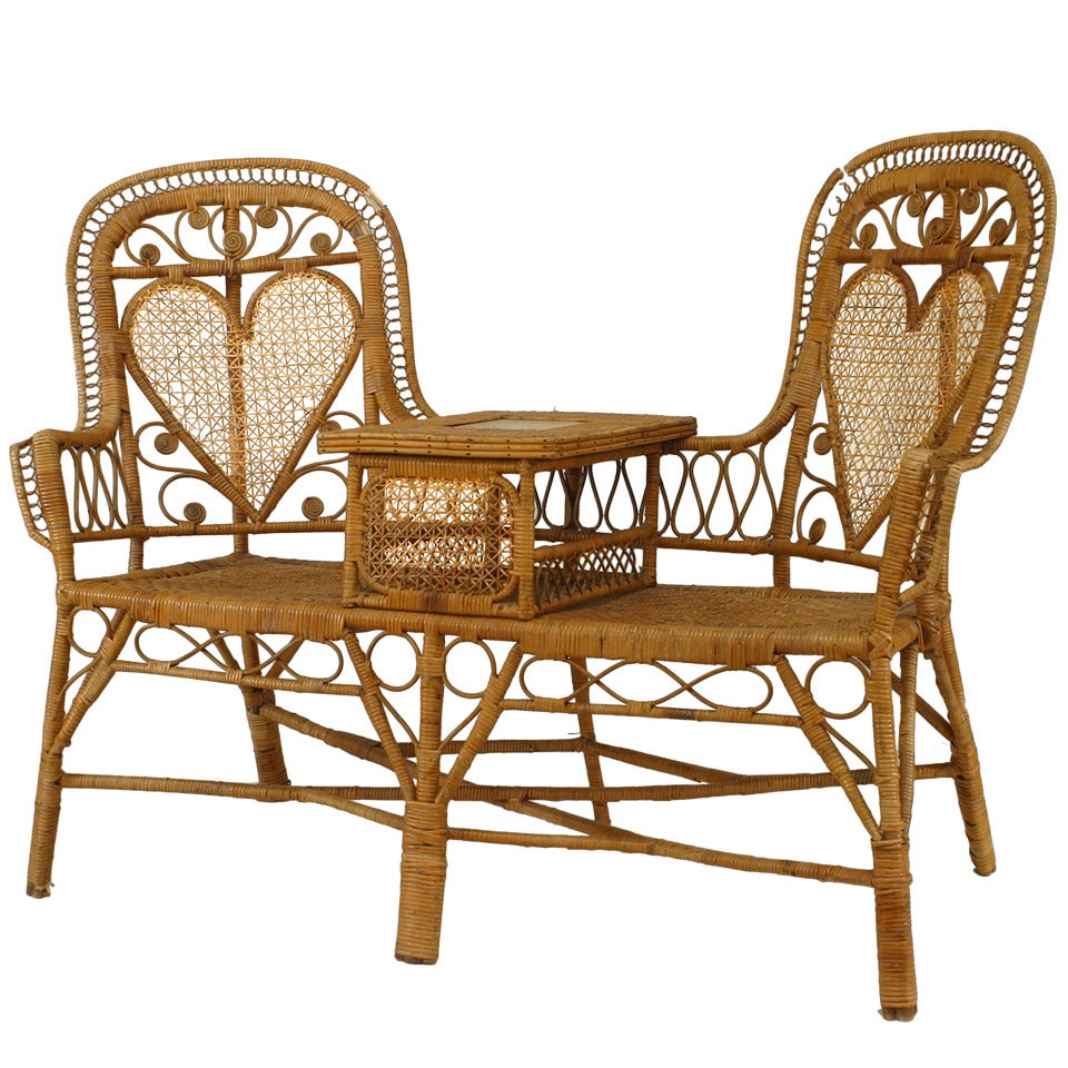 19th c. Natural Wicker and Marble Tete-A-Tete