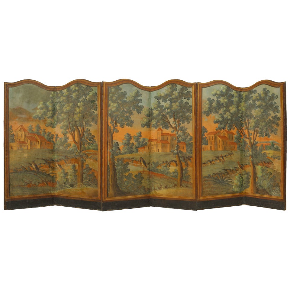 French Provincial 6-Fold Screen with Painted Pastoral Scene