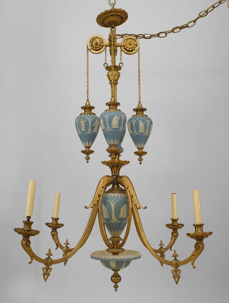 English Adam-Style (19th Century) bronze dore and wedgwood 4 arm chandelier with 4 hanging Wedgwood urns. (Originally gas, now fitted for electric) (HALLMARKS)
