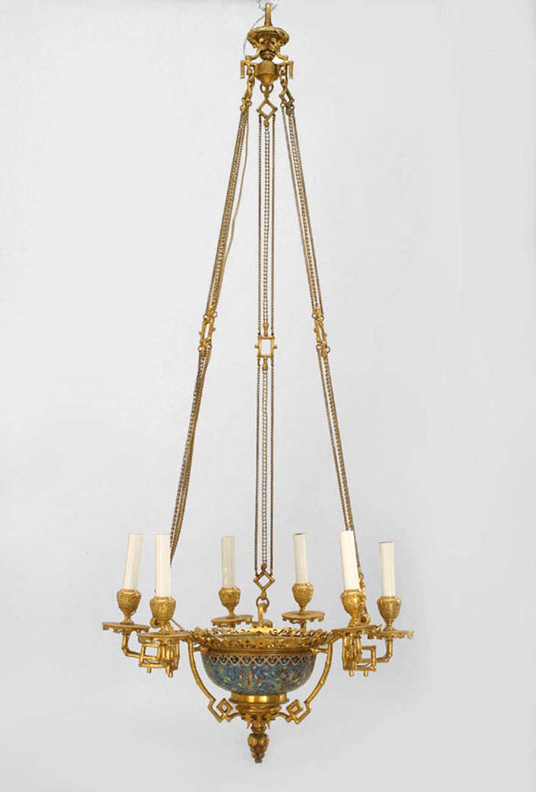 French Victorian bronze dore and enamel faux bamboo 6 arm chandelier.
