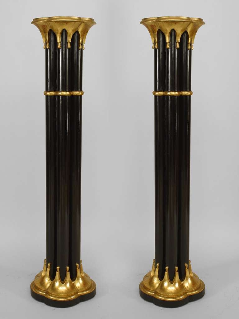 2 Pairs of English Chinese Chippendale style painted black and gold clover shaped 5 column pedestals. (19th Cent) (PRICED PER Pair)
