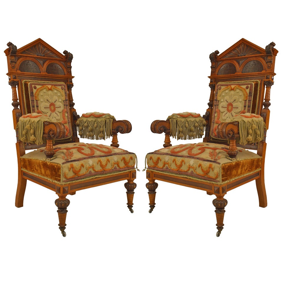 Pair of Russian Oak Carved Armchairs
