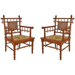 Pair of 19th c. American Faux Bamboo Mahogany Armchairs