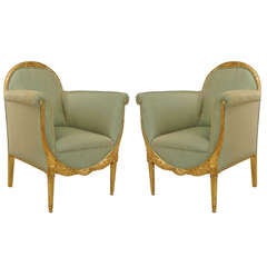 Pair of Gilt Carved and Upholstered Art Deco Armchairs Attributed to Follet
