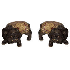 Antique Large Pair of Japanese Gilt-Carved Foo Dog Benches