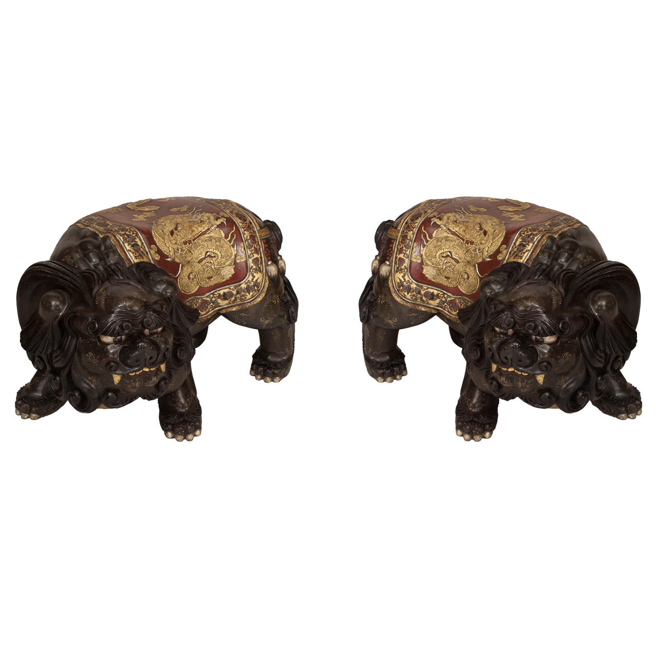 Large Pair of Japanese Gilt-Carved Foo Dog Benches