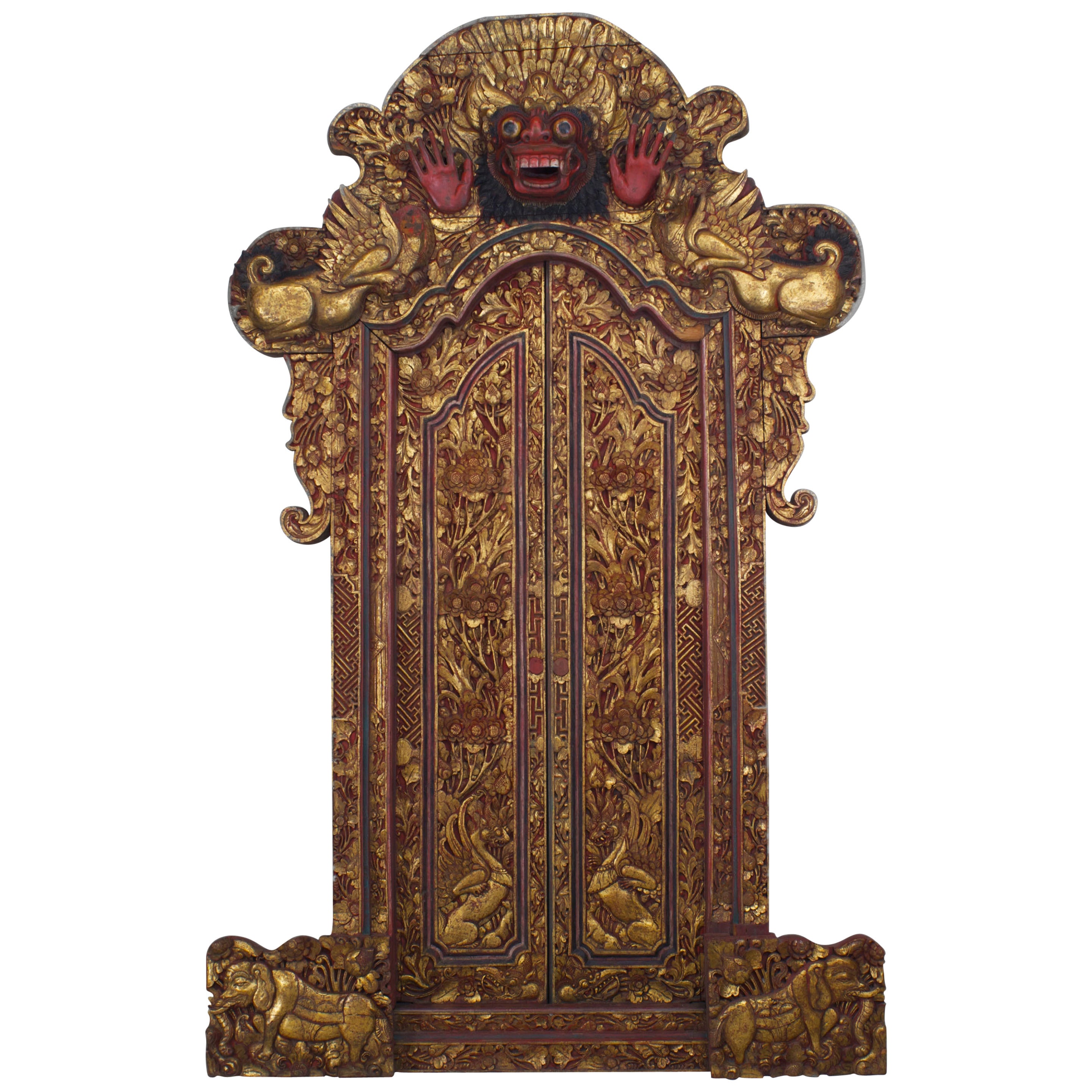 Pair of Javanese Red and Giltwood Temple Doors For Sale