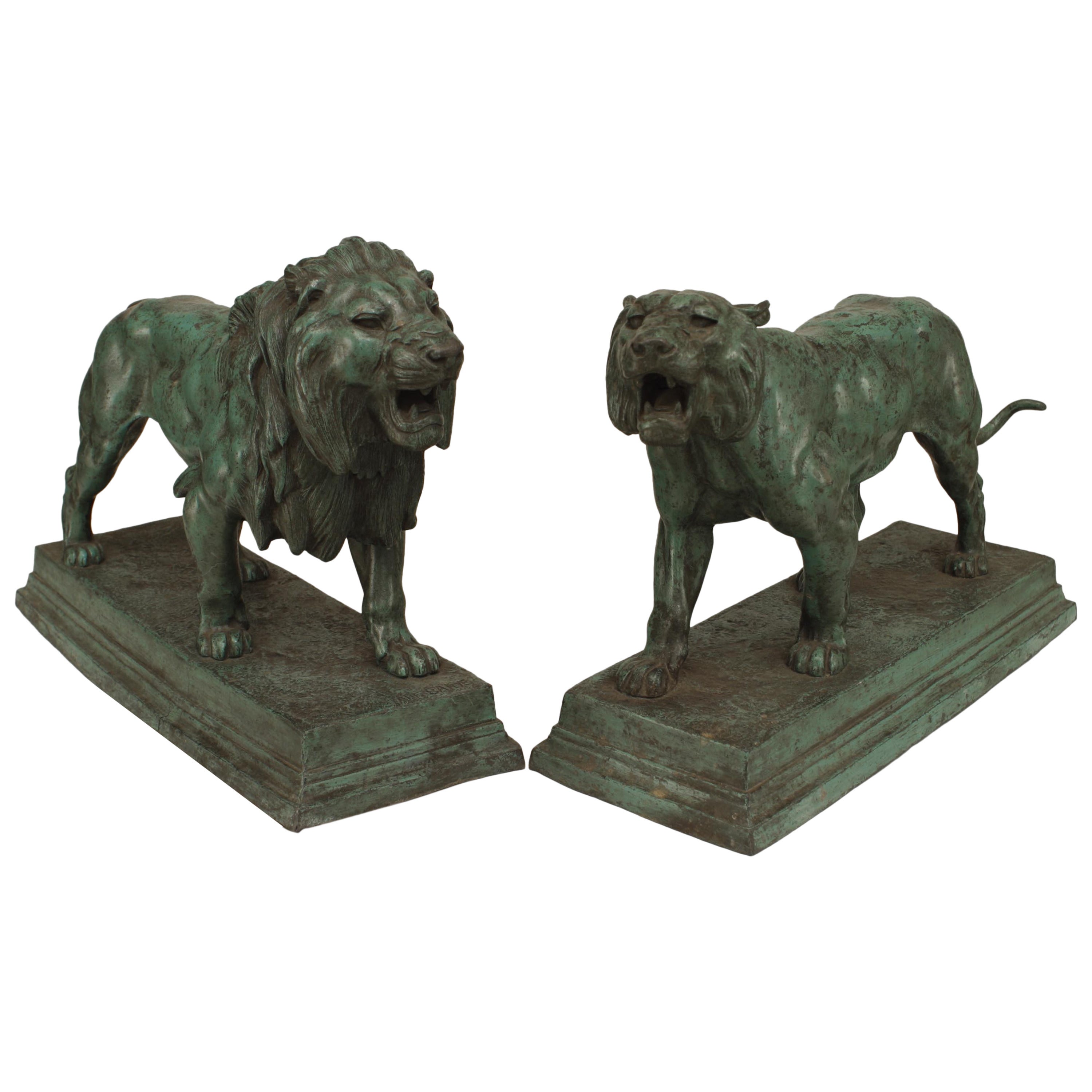 Pair of French Green Patinated Lion and Lioness Figures by Barye