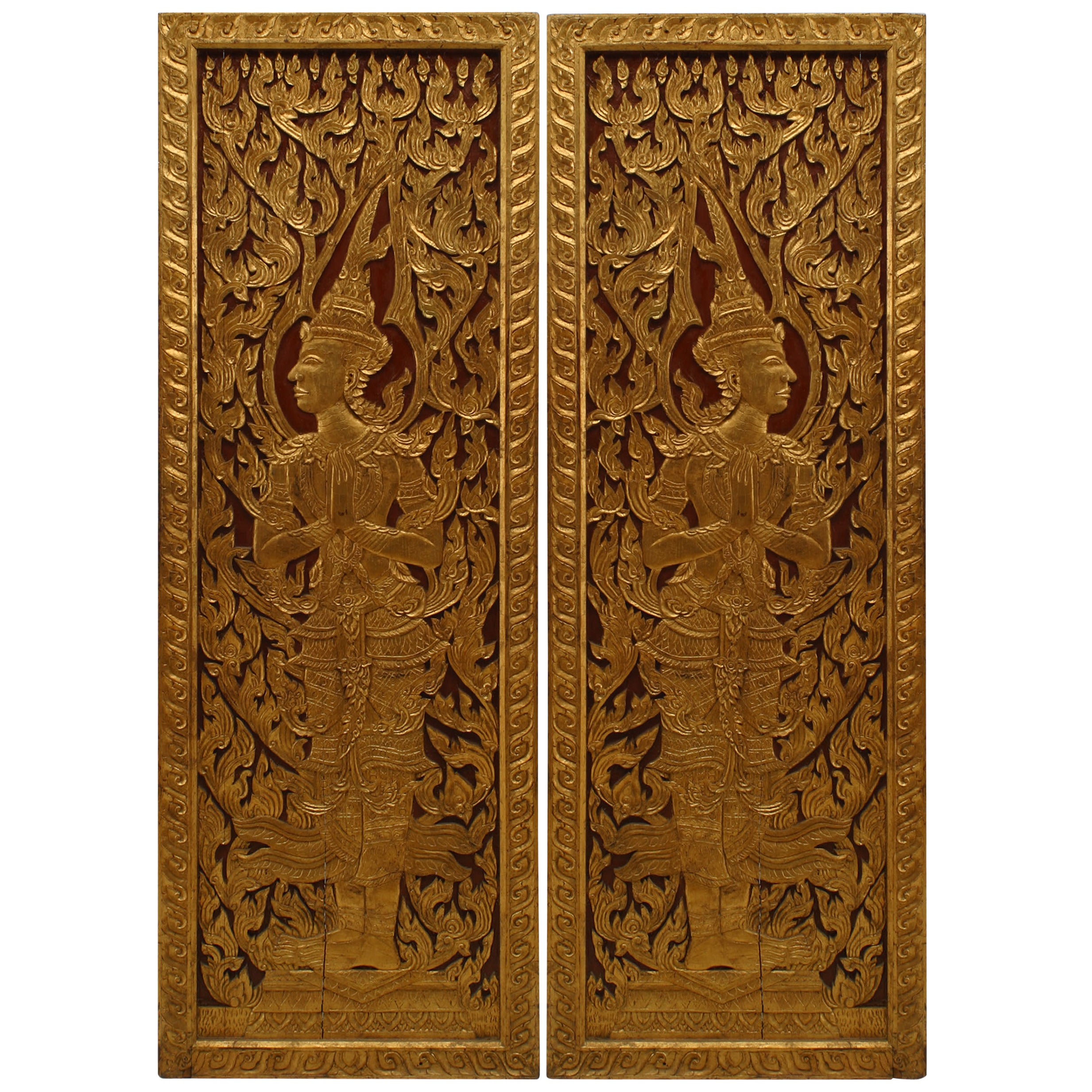 Pair of Thai Painted and Carved Door Panels For Sale