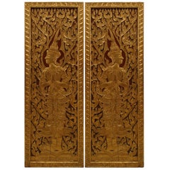 Pair of Thai Painted and Carved Door Panels