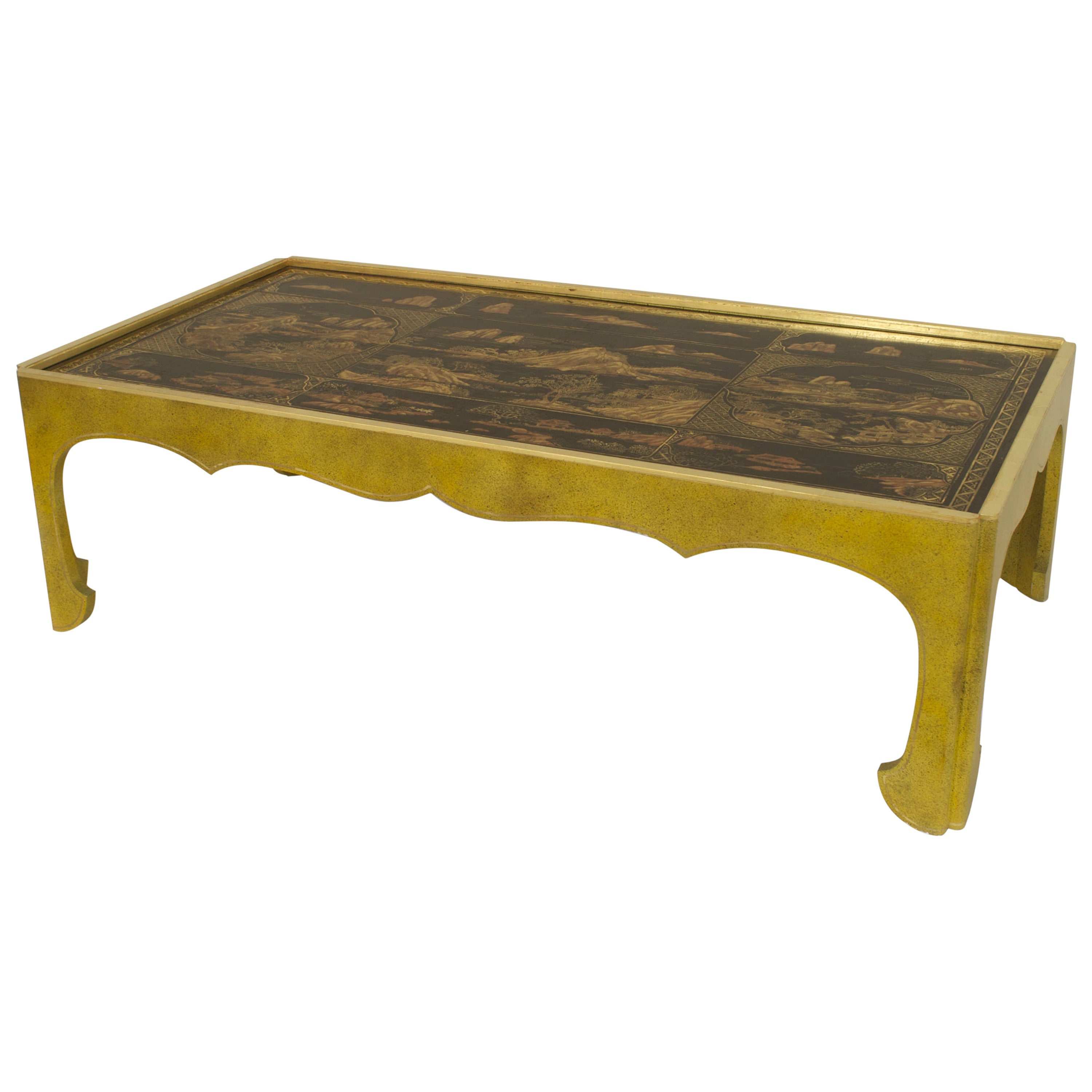Asian Chinese Style Lacquered Chinoiserie Celadon and Giltwood Coffee Table