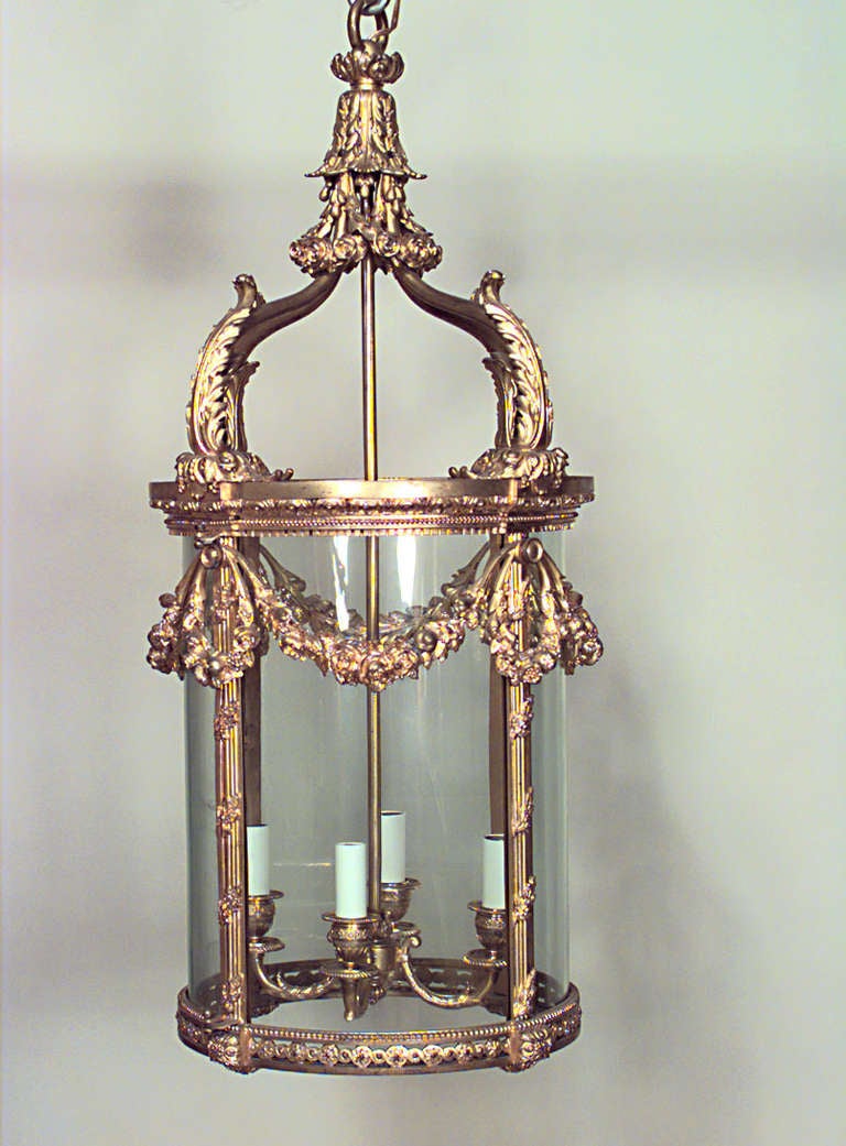 French Louis XVI-style (19th Century) bronze dore 4 arm hanging lantern / pendant lamp with festoon design and 4 glass panels
