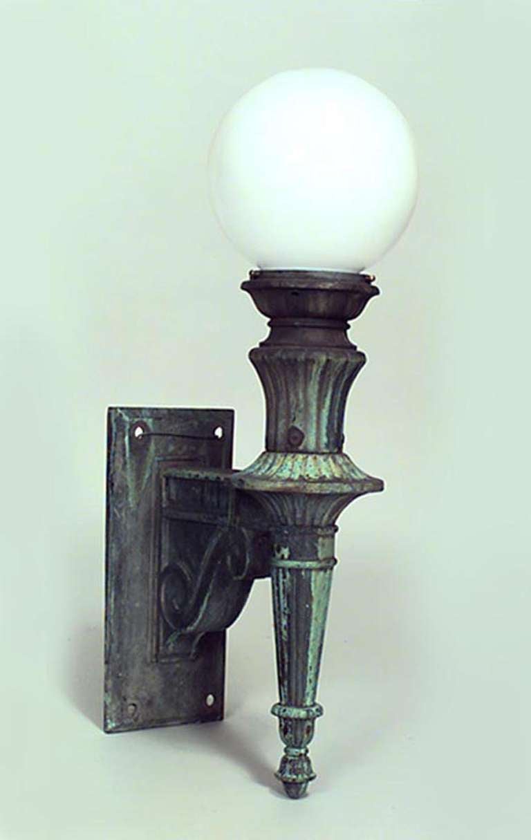 Victorian Pair of American Bronze and Glass Outdoor Torch Sconces