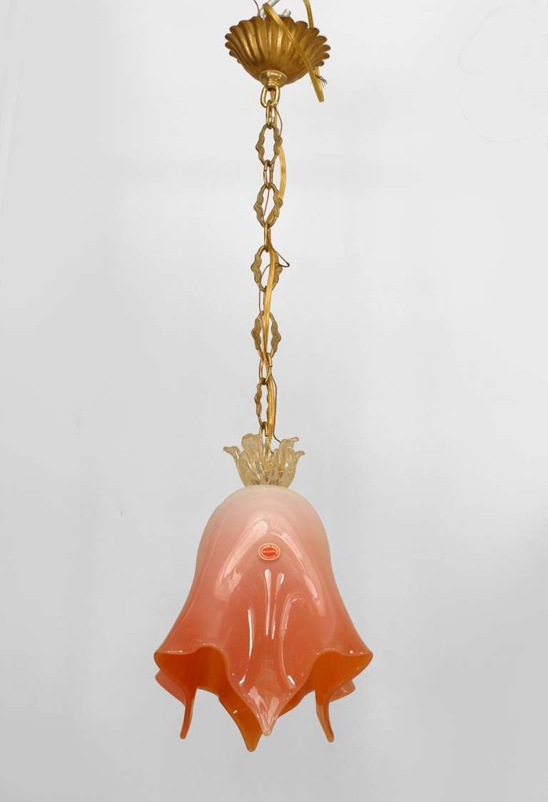 Italian 1950s Venetian Murano graduated coral pink exterior and orange interior glass lantern with handkerchief form & gold dusted flower finial top and gilt metal canopy. (ARCHIMEDI SEGUSO) (maker's label attached)
