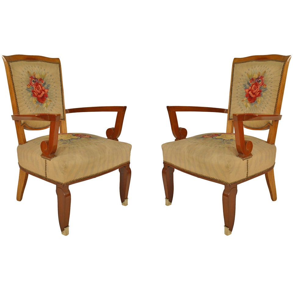 Pair of French Art Deco Aubusson Armchairs For Sale