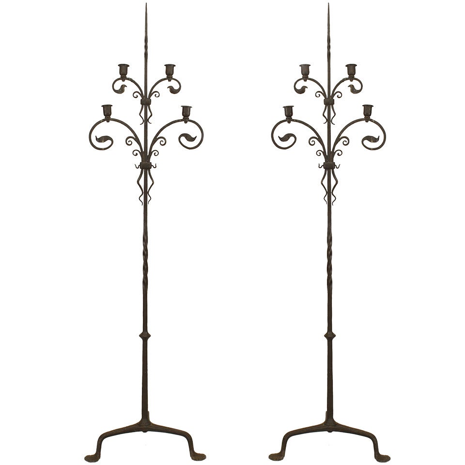 Pair of Victorian Style Wrought Iron Samuel Yellin Candle Stands