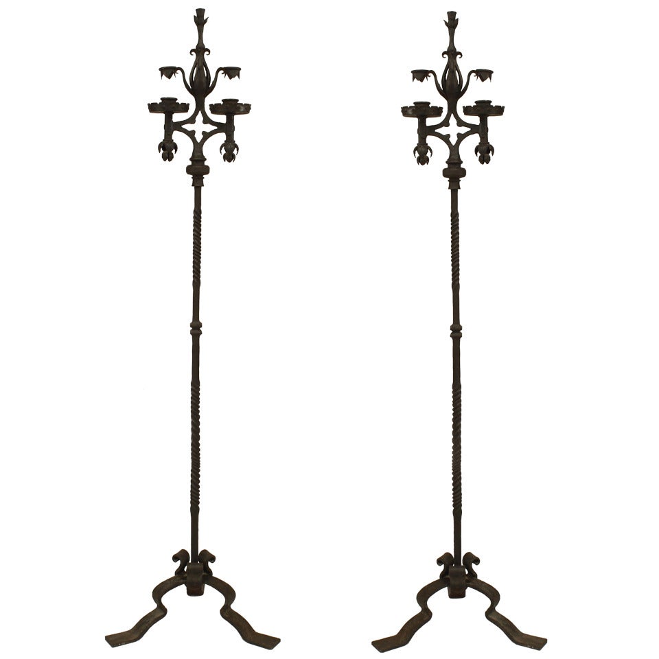 Pair of French Victorian Wrought Iron Candle Stands For Sale