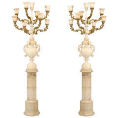 Pair of Monumental Italian Gilt Wood and Alabaster Torchieres 6