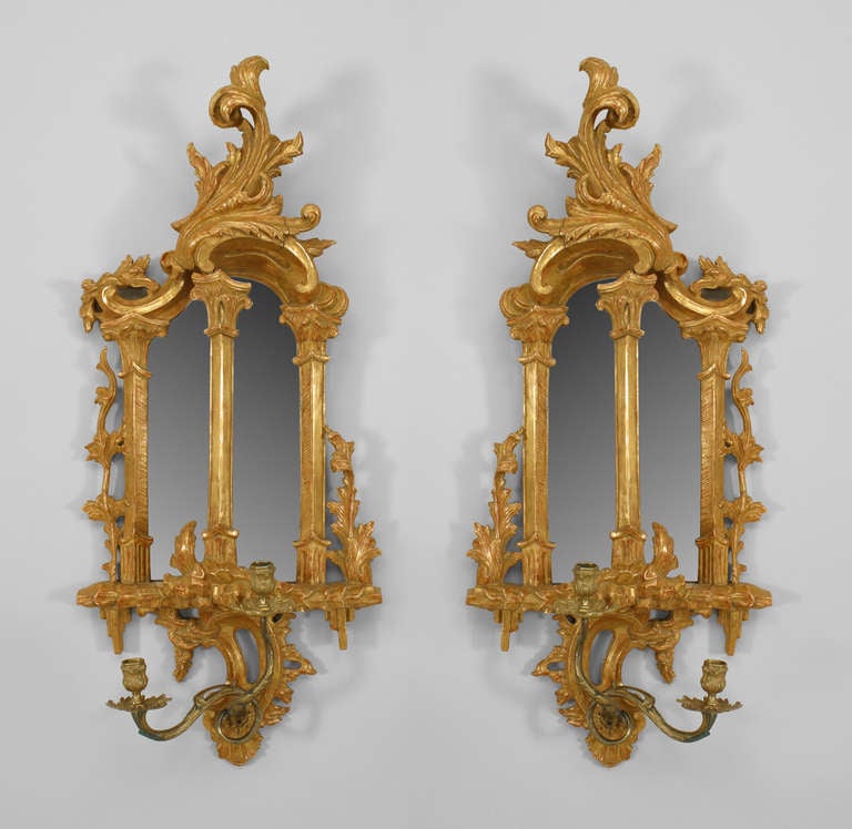 Pair of Mirrored Giltwood Chinese Chippendale Style Wall Sconces