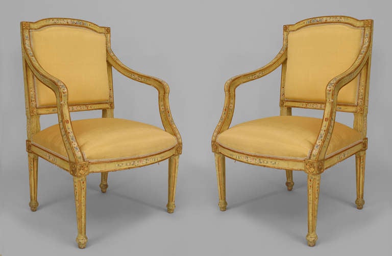 2 Pairs of Similar Italian Venetian (18th Cent) yellow painted open arm chairs with floral decoration and upholstered seat and back (PRICED PER Pair)
