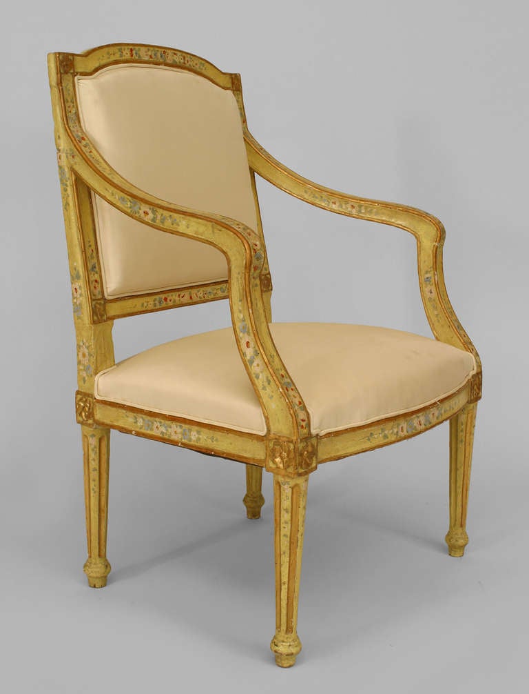 Italian 2 Pairs of Venetian Yellow Painted Floral Arm Chairs For Sale