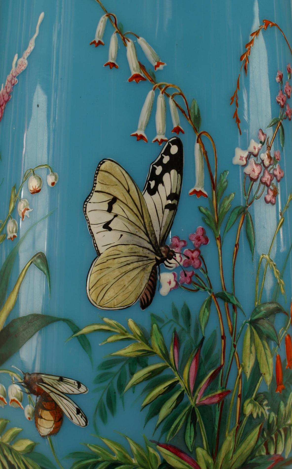 Pair of French Victorian blue opaline vases with floral and insect enamel design.
