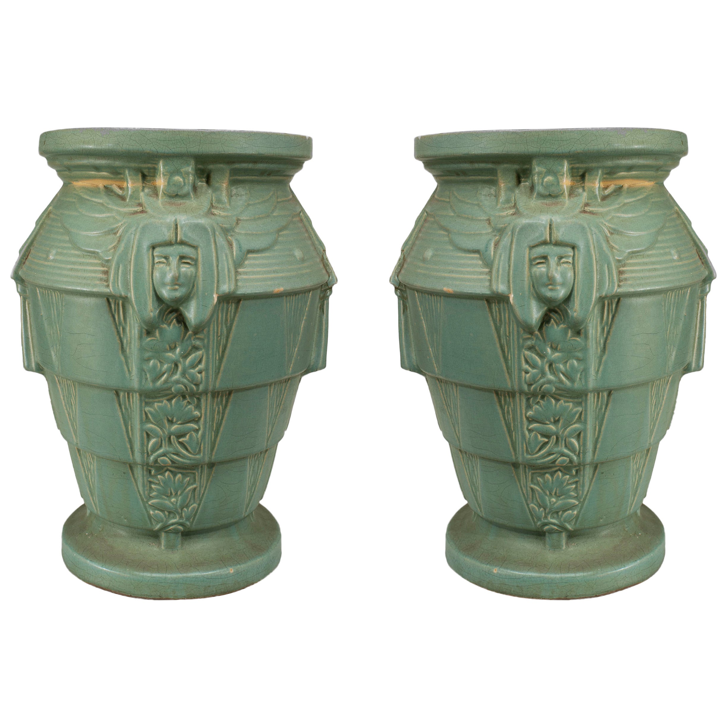 Pair of 1930s Art Deco Egyptian Revival Celedon Glazed Terracotta Vases