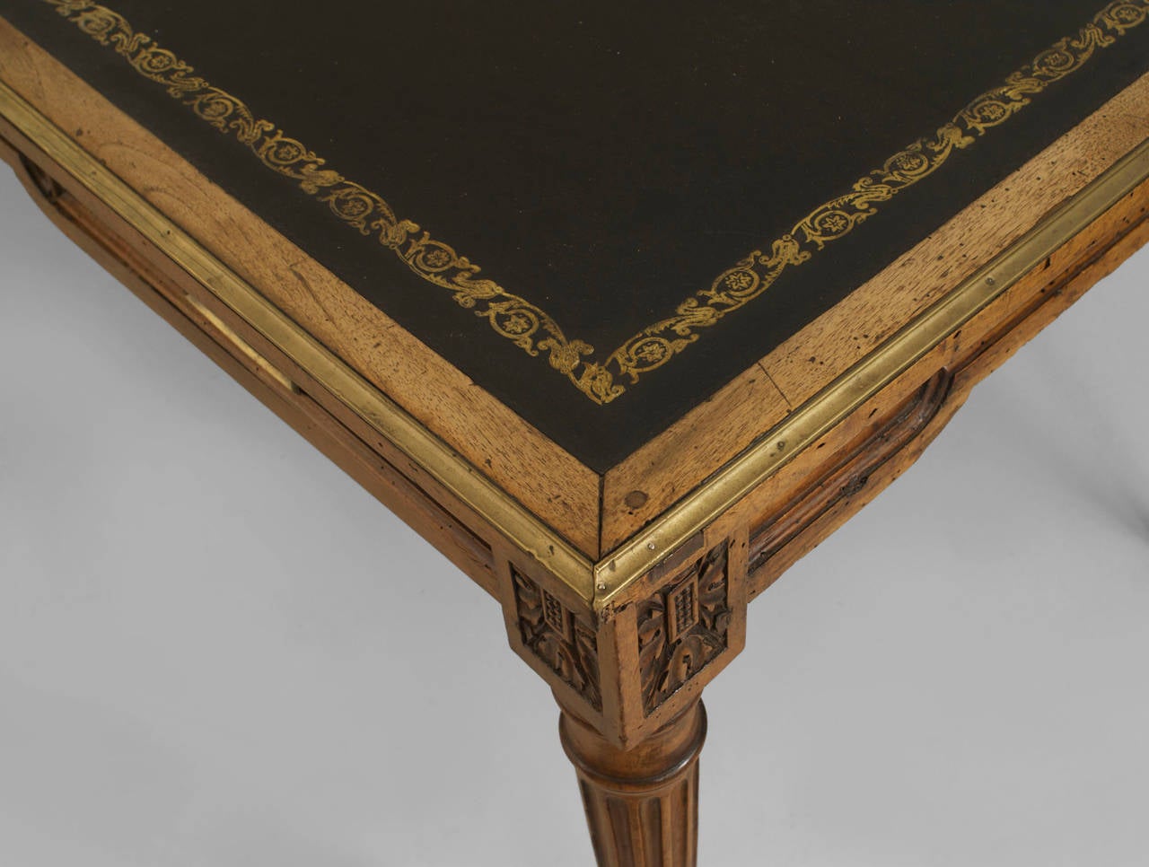 18th Century French Louis XVI Brass-Trimmed Table with Gold-Tooled Leather Top