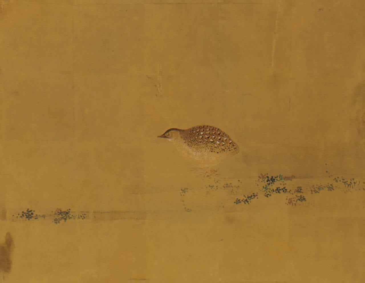 Asian Japanese (18th century) six-panel gilded paper screen with painted and
decorated (grouse) birds in an ebonized wood frame (by Tosa Mitsuda).
