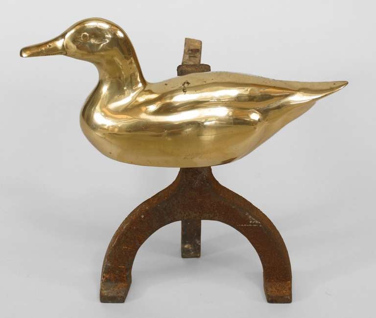 Pair of Adirondack Brass Duck Andirons In Excellent Condition For Sale In New York, NY