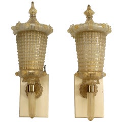Pair of Barovier E Toso Mid-Century Venetian Murano Gold Glass Wall Lanterns