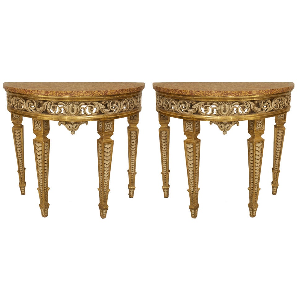 Pair of Italian Neo-Classic Gilt Demilune Console Tables For Sale
