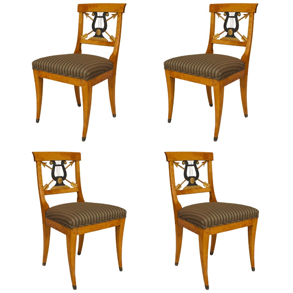 Set of 4 Swedish Biedermeier Lyre Maple Side Chairs